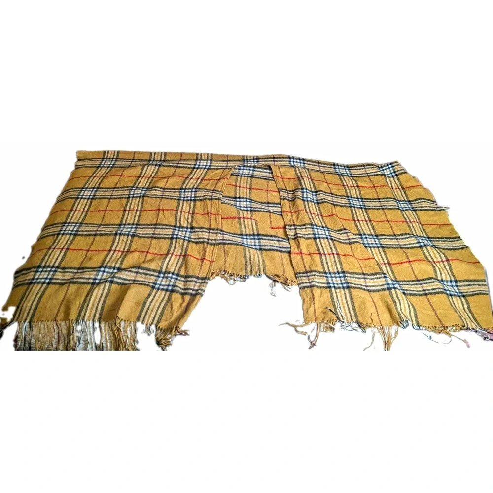 Vintage Nova Check Plaid Camel Tan Fringe Scarf Wrap Shawl 58